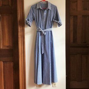 Calvin Klein Blue & White Gingham Belted Midi Shirtdress